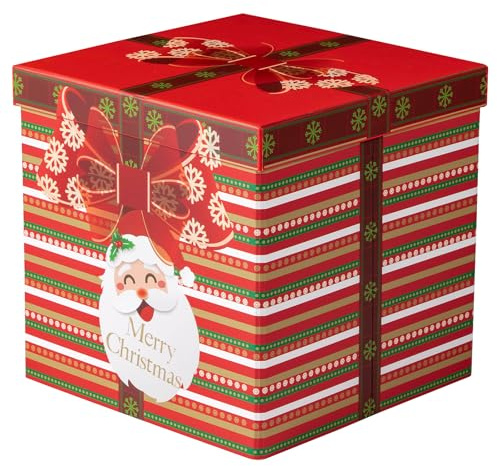 RUSPEPA Weihnachtsgeschenkbox mit Deckel, Weihnachtsmann- und rote Schleifen-Design, mittelgroße, faltbare Geschenkbox mit Schleife und Seidenpapier für Weihnachtsfeiern, 23 x 23 x 23 cm, 1 Stück