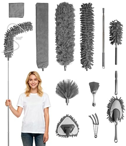 12Pcs Microfiber Extendable Dusters for Cleaning: 30''-120'' Long Pole Cleaning Tools Gap Brush Feather Flat Dusters for Cleaning Under Appliances Blind Cobweb Spider Web High Ceiling Fan Car Grey