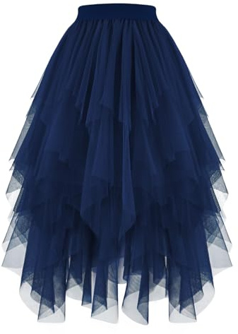 JasGood Damen Tüllrock High Low Layered Unregelmäßig Tüll Rock Damen A-Linie Midirock Ballett Tutu Abschlussball Karneval Party Rock