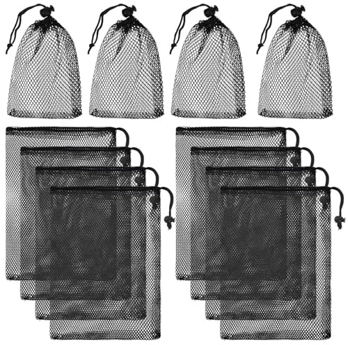 12 Stück Netzbeutel mit Kordelzug, 30 x 20 cm Schwarz Netztaschen Aufbewahrungstaschen, Nylon Mesh Drawstring Bag Wäschesack Turnbeutel Klein Netzbeutel für Ball, Spielzeu, Obst, Sport Aufbewahrung