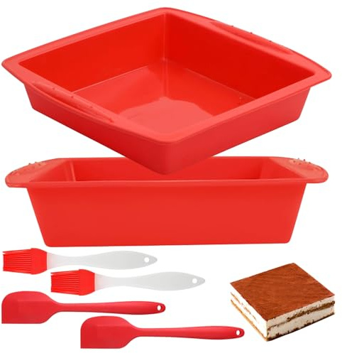2Pcs Silicone Baking Trays, 26x24x5cm Square Cake Tin with 2 Basting Brushes & 2 Scrapers, Non-Stick Brownie Pan, Oven & Dishwasher Safe, Red Baking Moulds for Cake, Cheesecake, Brownies