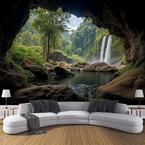 ANALTIRCE 3D Papier Peint Panoramique Naturel Grotte Vert 450×315 cm Non-Tissées Mural, Jungle Cascade XXL Grandes Murales Poster pour Salon, Adulte Chambre d'enfants, Étude Décoration