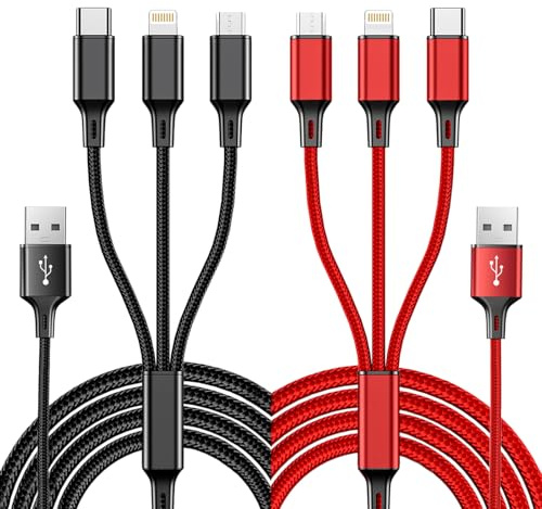 Multi Charger Cables,USB 3 in 1 Charging Cables for Multiple Devices 2Pack | Universal 1.25 m USB to Micro USB, IP, USBC Cable Braided Mobile Phone Cables for iPhone,Samsung and more(Black+Red)