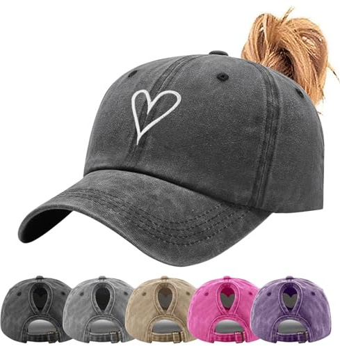 Tiakay Pferdeschwanz Baseball Cap mit Herzförmiges Stickmuster Damen Verstellbare Baseballkappe Vintage Mützen Sonnenschutz Basecap Mit Zopf Loch Verstellbarer Sonnenhut Camping-Wanderhut