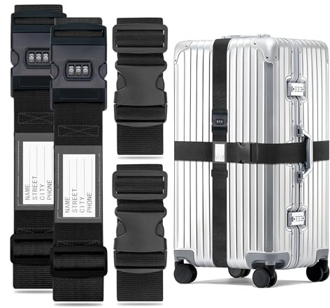 WISYOK Koffergurt mit Zahlenschloss, 4 Stück, Schwarz, Maximal 200cm+250cm | Kofferband Gurt, Erweiterte Kofferbänder, Sicher Robuster Koffer Gurtband, Luggage Strap für Reisen und Flugreise