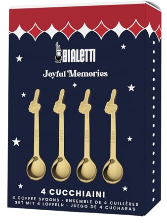 Bialetti Joyful Memories - Juego de 4 cucharillas doradas de acero inoxidable, diseño icónico italiano