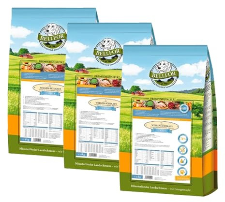 Bellfor Wiesen-Schmaus Junior Kaltgepresstes Trockenfutter für Welpen & Junge Hunde mit Huhn, getreidefrei - 3 x 4 kg (12 kg). Welpenfutter mit hohem Fleischanteil für große Rassen.
