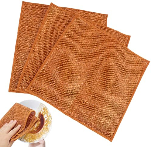 Paquete de 3 Paños de Cobre - Limpieza Antiarañazos para Ollas, Sartenes y Vajilla – Estropajo Acero Inoxidable Robusto sin Químicos – Esponja Metálica para Cocina y Hogar - 30x30 cm