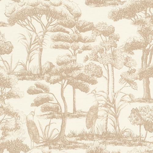Rasch Carta da parati in tessuto non tessuto con alberi, piante e uccelli, carta da parati in vinile, motivo foresta, bianco e beige, per un'atmosfera naturale, robusta e lavabile, 10,05 m x 0,53 m