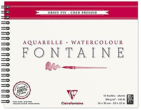 Clairefontaine 96314C Malblock, mit Doppelspirale Aquarellpapier Feinkörnig, Fontaine/Hadern, 24 x 30 cm, 12 Blatt, 300 g Packung, weiß