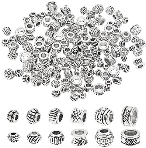 PH PandHall 130Pcs Tibetische Abstandsperlen Großes Loch 6-Stile Silber Großes Loch Lose Bead Europäische Rondelle Abstandshalter für Armband Halskette Schmuck Herstellung Zubehör, Antik Silber