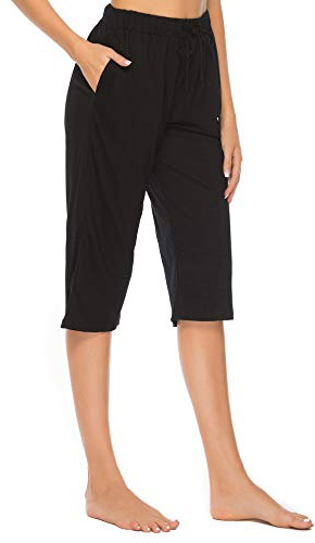 Vlazom Pantalon Pijama Mujer 100% Algodón, Pantalones Piratas Mujer Verano con 2 Bolsillos,Pantalones Capri para Fitness Jogger,L,A-Negro