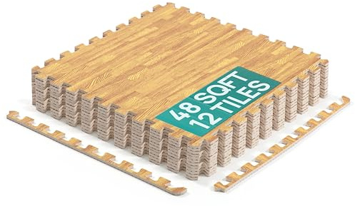 Yes4All Interlocking Exercise Foam Mats – Cover 24, 48 & 120 SqFt (Multi-Color) (F. 24 Square Feet (12 Tiles) - Light Oak Wood)