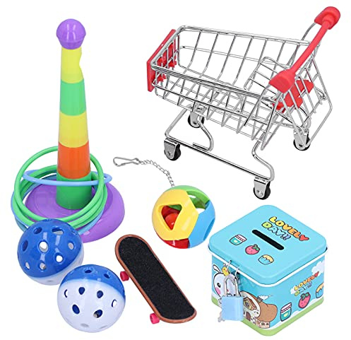 Set di Giocattoli per L'addestramento degli Uccelli, Pappagallini Cockatiel Parrocchetto Pappagalli Grigi Africani 7 Pezzi Mini Carrello della Spesa Anelli di Allenamento Kit di Palline da Skateboard