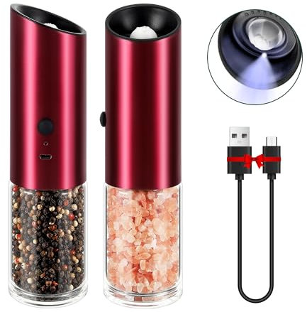 Vzaahu Elektrische Salz- und Pfeffermühle 2er-Set, wiederaufladbarer USB, Einstellbare Grobheit, Rote Farbe, Batteriebetrieben, Elektrischer Gewürzmühlen-Shaker mit Licht