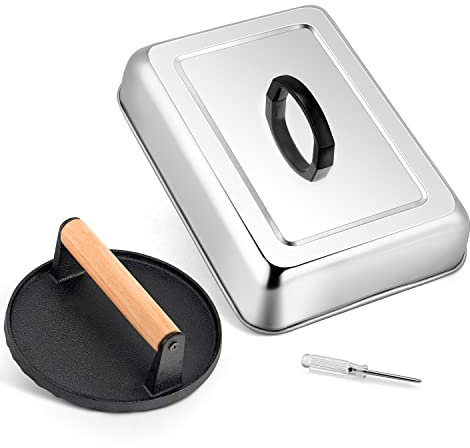 HaSteeL 13 x 9.75In Melting Dome & 7In Burger Press, Rectangular Basting Steam Cover with Bacon Press, Metal Griddle Accessories for Flat Top Teppanyaki Hibachi Grilling Cooking BBQ, Easy to Clean