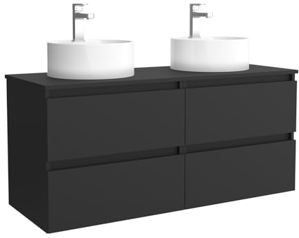 Salgar Mueble de baño Bequia 120 cm con 2 lavabos 100% montado de fábrica | Acabado Negro Mate suspendido 4 cajones Cierre amortiguado Apertura con uñero | Lavabos sobre encimera