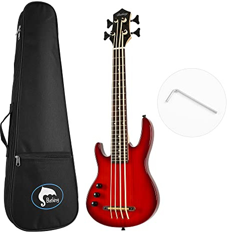 Batking Ukulele Bass Bund 4 Saiten Ukulele Elektro Reise-Bassgitarre mit Gigbag (Rot LeftHand)