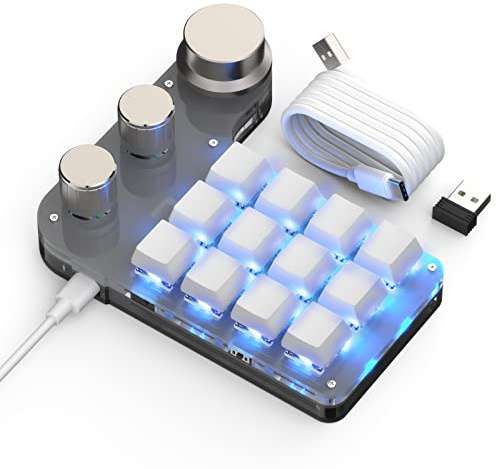 BRIMFORD Mechanische Mini Makro Tastatur - Kabellos, Programmierbar, Hot-Swap Gaming Keyboard mit RGB Beleuchtung, 2.4G & BT für Gamer, Programmierer, Büro (Weiß, 12 Tasten/3 Knöpfe)