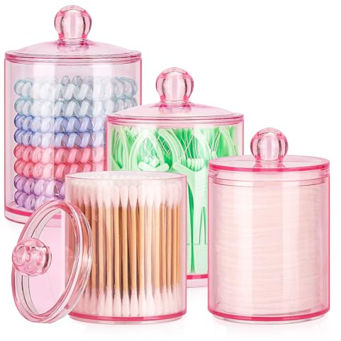Tbestmax 12 oz & 10 oz Qtip Holder - 4 Pack Restroom Bathroom Organizers and Storage Containers, Pink Plastic Apothecary Jars with Lids for Cotton Swab, Cotton Round Pads, Floss