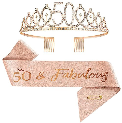 Écharpe et diadème d'anniversaire pour anniversaire, 50e anniversaire, décorations pour femme, couronne d'anniversaire en cristal (50)