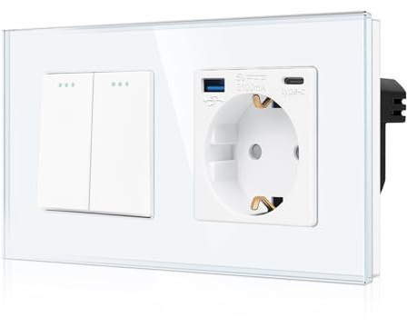 CNBINGO Interruptor de luz con enchufe Schuko, USB de vidrio (Tipo-C y Tipo-A) Empotrable moderno, 2 vías 1 posición, blanco
