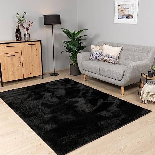 Paco Home Teppich Wohnzimmer Schlafzimmer Kurzflor Waschbar Einfarbiges Muster Flauschig Weich rutschfest Moderne Deko, Grösse:120x160 cm, Farbe:Schwarz