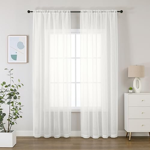 Bujasso Cream Semi Transparent Elegant Sheer Holiday Curtains for Windows Home Decoration And Privacy Protected Linen Textured Drapes Window Treatment Sets Rod Pocket 2 Panels 55 Wx90 L,Cream/Ivory