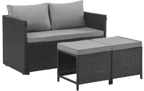 SVITA ATHINA 2in1 Sitzgruppe Outdoor Rattanlounge Balkon Essgruppe Gartenmöbel Set Gartenlounge klein Balkonmöbel Polyrattan Schwarz