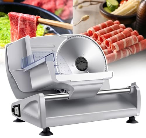 pealiritansemen Cortadora Eléctrica De Alimentos para Fiambres con Protección De Bloqueo, Cuchilla De Acero Inoxidable Extraíble De 19 Cm Y Carro De Alimentos, Grosor Ajustable De 0 A 15 Mm