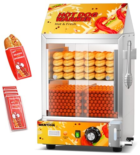 WantJoin Hot Dog Steamer, Adjustable Temperature 2-Tier Electric Hot Dog Steamer with Bun Warmer, 24.52 QT, Visible Glass Sliding Door and Water Level Line, Suitable for Steaming 175 Hot Dogs &40 Buns