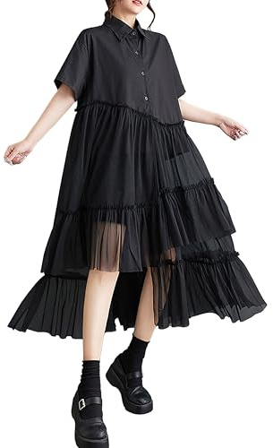 ellazhu Damenhemd Kleid Patchwork Kurzarm Revers Knopfleiste Asymmetrischer Saum Tüll Solide Sommer GZ225 Schwarz