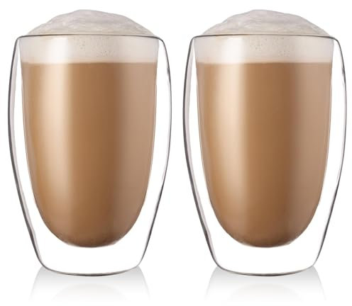 GOEDCH Juego de 2 vasos de café con doble pared de 450 ml, de vidrio de borosilicato, aislados, capuchino, café helado, para capuchino, café con leche, té, leche