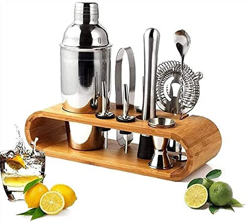 ZGYOZMNG Kit de Barman, Juego de coctelera con Soporte de bambú, Herramientas de Barra de 10 Piezas, coctelera de Acero Inoxidable para Martini, Herramientas Profesionales de Barman