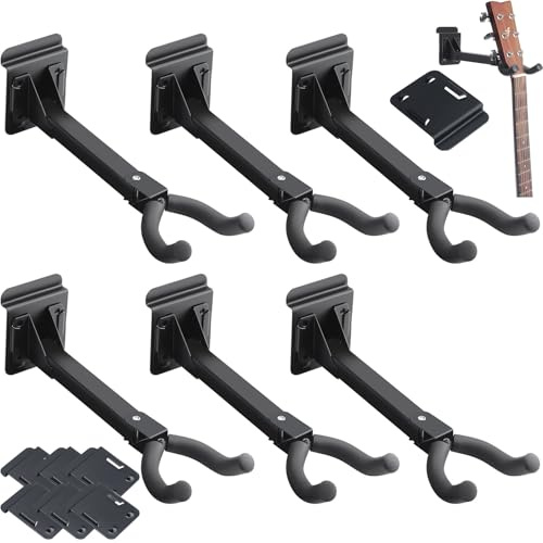 Therwen 6 Pcs Guitar Hanger Wall Mount Guitar Hangers Hooks Holders with Slat Adapter 180° Adjustable Black Hook Stand Wall Mount for Acoustic Electric Bass