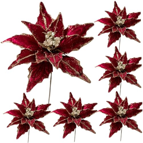 Fleurs Artificielles, 6 Pièces Fleurs de Poinsettia Artificielles 11 Fleurs de Noël Réalistes Fleurs Artificielles Douces avec Poudre Paillettes pour Noël Nouvel An, Bordeaux, Poinsettia Artificiel