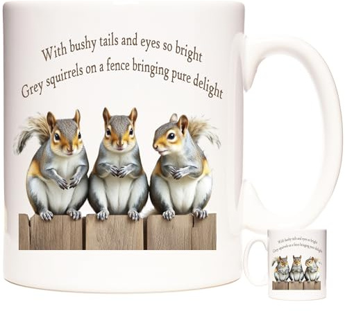 KAZMUGZ Grey Squirrel Mug, Three Squirrels Sitting on a Fence. 11OZ Ceramic Mug with Images of Squirrels. Squirrel Gift.