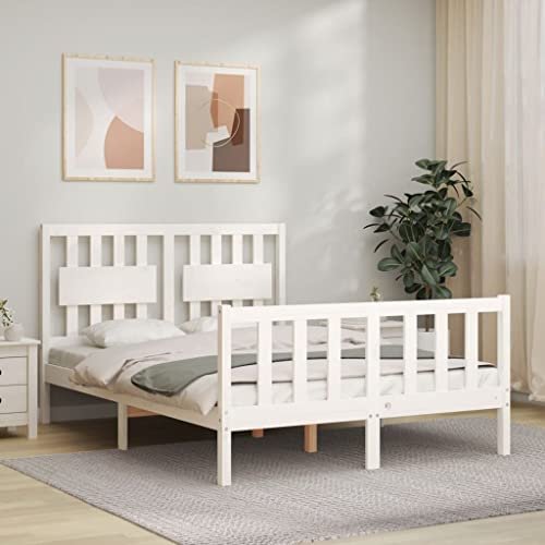 Iiaky Massivholzbett mit Kopfteil Weiß 140x200 cm Massivholzbetten Bettgestell Holzbett Kopfteil Bett Bed Frame Betten - 3192427