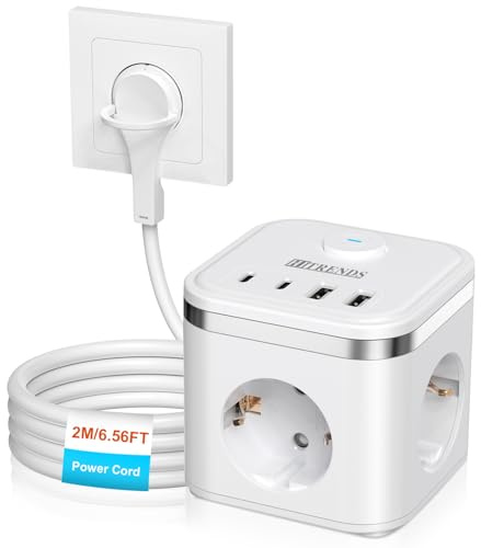 7-i-1 uttagskub med kabel 2 m, 2 USB-A och 2 USB-C, grenuttag kub 3-fack med strömbrytare, platt kontakt med dragring för hem/kontor/resor, vit