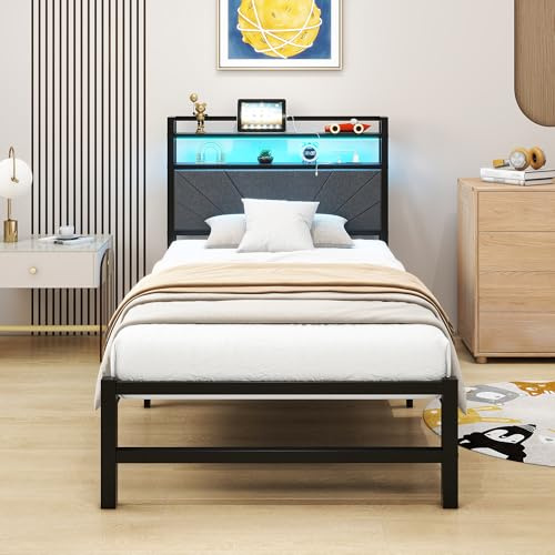 VERFARM Lit simple capitonné, 90 x 200 cm, en métal, avec LED et station de charge, cadre de lit avec espace de rangement, lit pour adolescent, invité, avec tête de lit, gris foncé