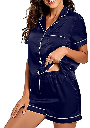 Satin pyjamas dam kortärmad | satinpyjamas dam mörkblå | nattkläder set sexig 2-delad loungewear med knappar sidenpyjamas revers silke pyjamas stretch hemmakläder elegant enfärgad hemmadräkt
