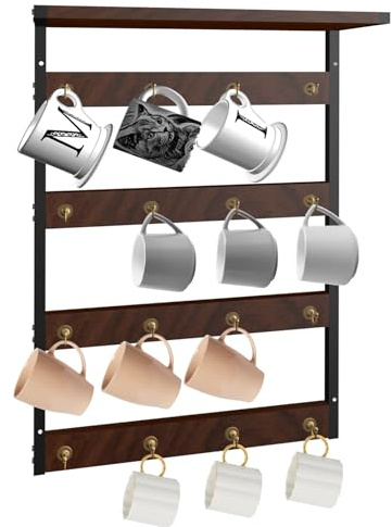 GHWMYD 16 Haken Tassenhalter Wandhalterung, Rustikaler Eisenholz Tassenständer Tassenregal für Kaffeetasse, Teetasse mit Aufbewahrungsboden für Bar Küche Organizer, Kaffeeecke Ecke Dekor, 60x43x15cm