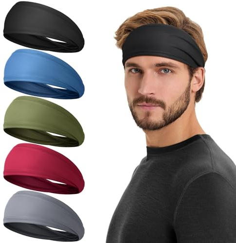 Tumurup sportpannband män och kvinnor [5-pack] – svettband panna sommar hårband män pojkar halkfria hårband män elastiskt pannband för cykling, fitness, tennis, löpning, yoga (blå)