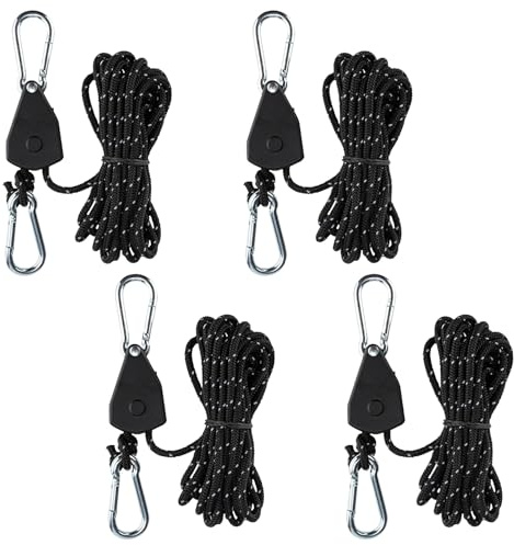 4 pezzi corda regolabile a cricchetto, 4 m corde di tensionamento con tenditore, 4 mm di lunghezza leggera, corda per tenda, cricchetto regolabile con gancio per tende da campeggio (nero)