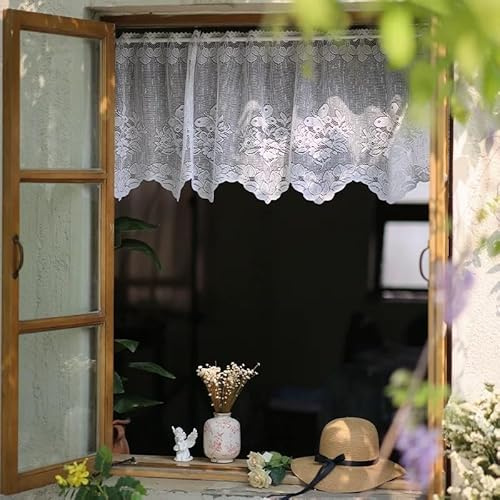 Devola Jacquard Gardinen Kurz Scheibengardine mit Lochleiste Gardinen Spitze Küchengardinen Modern Fenstergardinen Halbtransparente HxB 50x120cm Weiß mit Muster-2 1 Stück