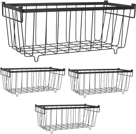 Cesta de Alambre para Almacenamiento Congelador Negra 4 Piezas | Hierro, Asas Ergonómicas, para Frigorífico y Despensa de Cocina, Optimiza Espacio y Orden
