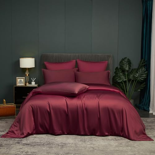 DXHOME Bamboo Bed Linen Wine Red 200 x 220 cm Summer Bed Linen Bamboo Fibre Red Plain Duvet Cover Set Breathable and Cool Duvet Cover Soft Duvet Cover with Zip and 2 Pillowcases 80 x 80 cm