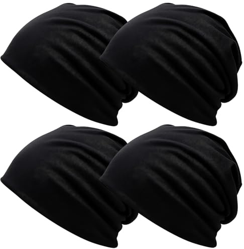 JazRvr Beanie Damen, Mütze Herren, 4er Set Schwarz, Elastische Laufmütze für Outdoor und Chemo, Atmungsaktive Haube für Damen und Herren, 56-60 cm