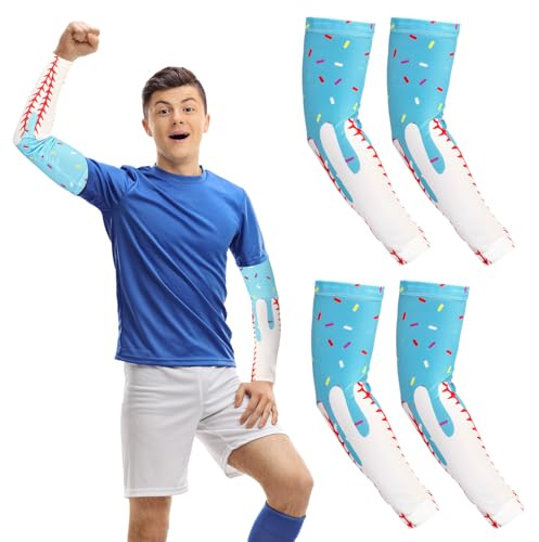 Bunnycool 2 Pairs Cross Arm Sleeve Christian Compression Arm Sleeve Youth Football Baseball Volleyball(Blue,13-18years,Baseball Ice Cream)