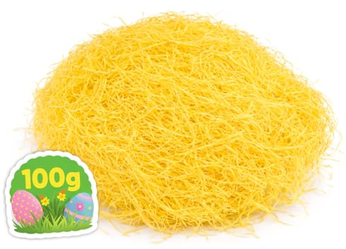 com-four® 100g Paglia Pasquale Gialla, Lana di Legno Decorativa, Materiale di Riempimento per Cestino e Nido di Pasqua